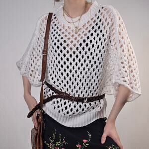 Open Knit Crochet Sweater Fisherman Boho Poncho Layering Cottagecore Festival